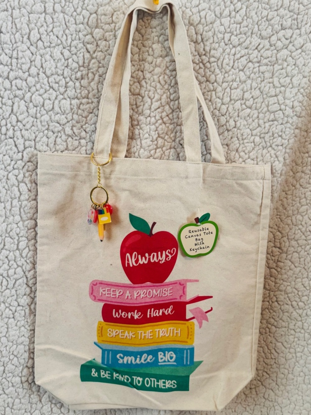 NWT Always Apple Stack Canvas Tote — Cream with Red, Pink, Yellow, Blue, Green